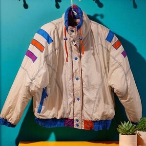 Vintage East West White Colorful Zip Front Coat Funky Womans Size Large Retro
